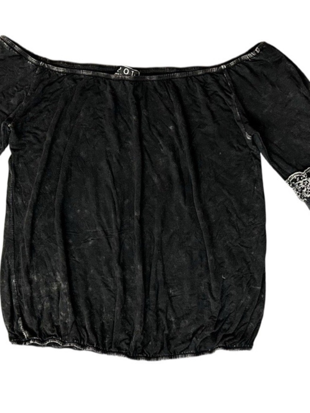 POL Off The Shoulder Black Acid Wash Lace Bell Sleeve Top Sz Small Baby Doll